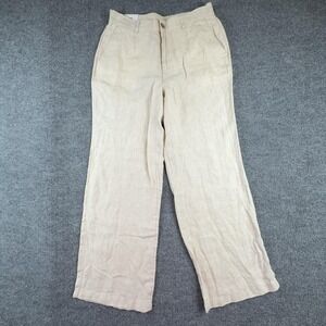 Lands' End Pants Womens 12 Beige Linen High Rise Wide Leg Elastic Waist Casual